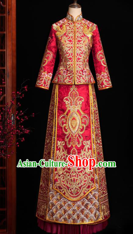 Chinese Traditional Wedding Embroidered Clothing Classical Bride Toast Costumes Xiuhe Suit Drilling Red Outfits