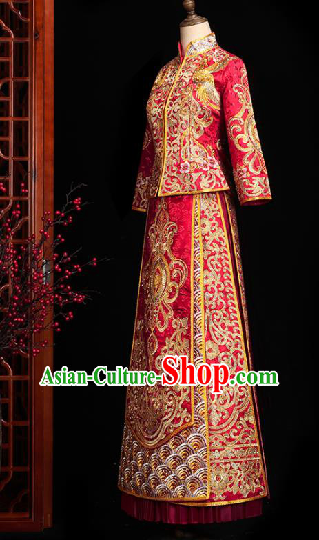 Chinese Traditional Wedding Embroidered Clothing Classical Bride Toast Costumes Xiuhe Suit Drilling Red Outfits