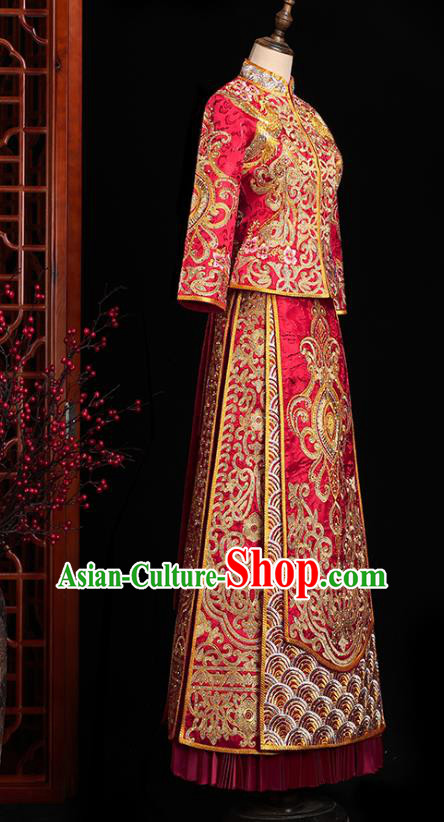 Chinese Traditional Wedding Embroidered Clothing Classical Bride Toast Costumes Xiuhe Suit Drilling Red Outfits
