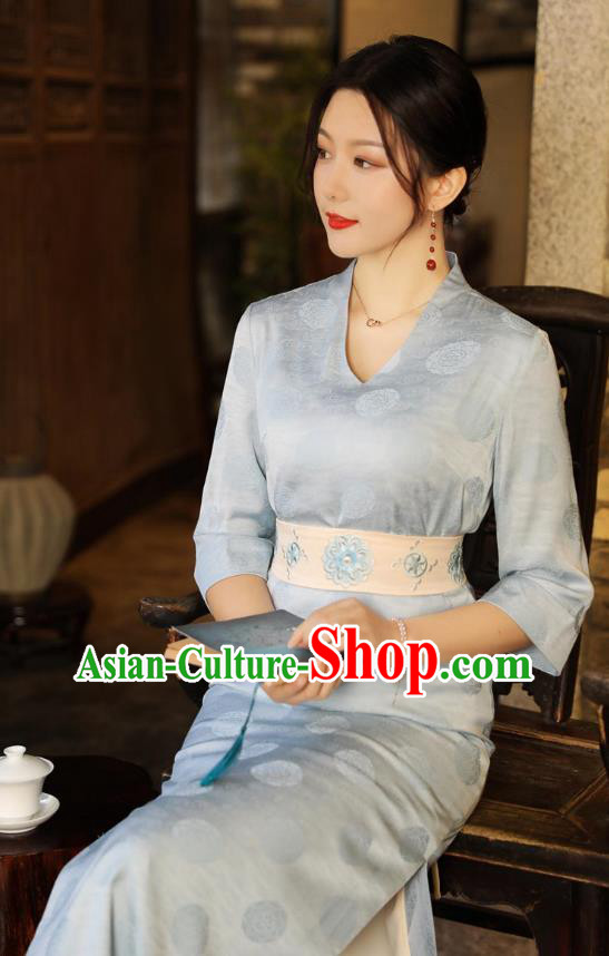 Chinese Traditional Cheongsam National Light Blue Brocade Qipao Dress Clothing