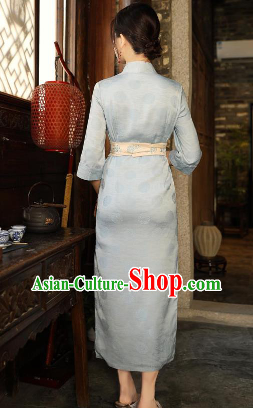 Chinese Traditional Cheongsam National Light Blue Brocade Qipao Dress Clothing