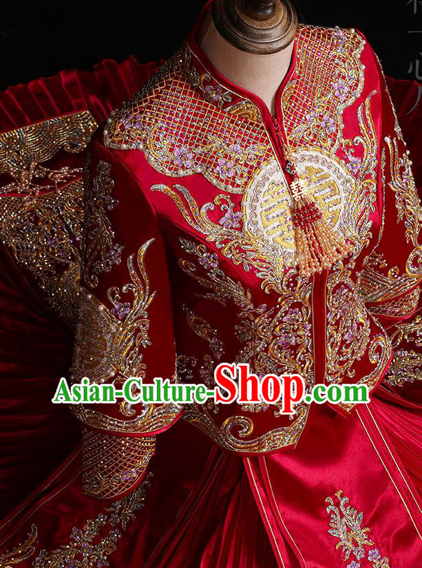 Chinese Traditional Xiuhe Suit Drilling Red Outfits Wedding Embroidered Clothing Classical Bride Toast Costumes
