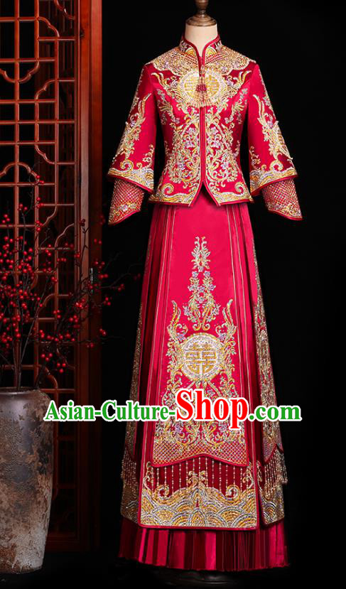 Chinese Traditional Xiuhe Suit Drilling Red Outfits Wedding Embroidered Clothing Classical Bride Toast Costumes