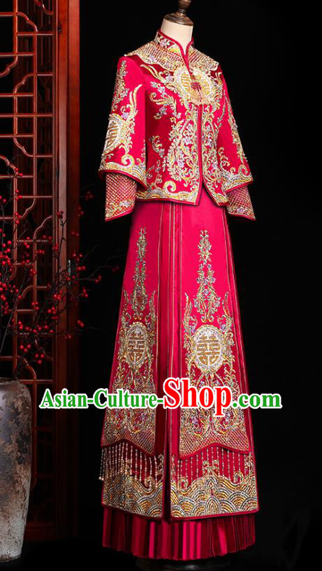 Chinese Traditional Xiuhe Suit Drilling Red Outfits Wedding Embroidered Clothing Classical Bride Toast Costumes
