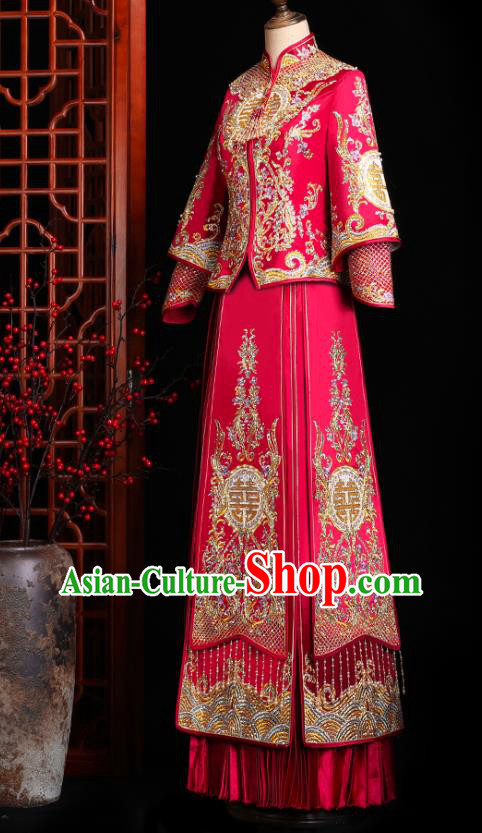 Chinese Traditional Xiuhe Suit Drilling Red Outfits Wedding Embroidered Clothing Classical Bride Toast Costumes