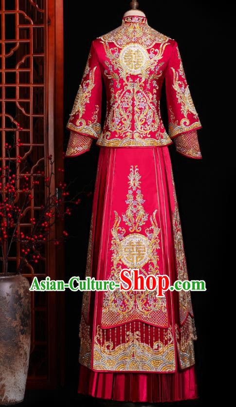 Chinese Traditional Xiuhe Suit Drilling Red Outfits Wedding Embroidered Clothing Classical Bride Toast Costumes