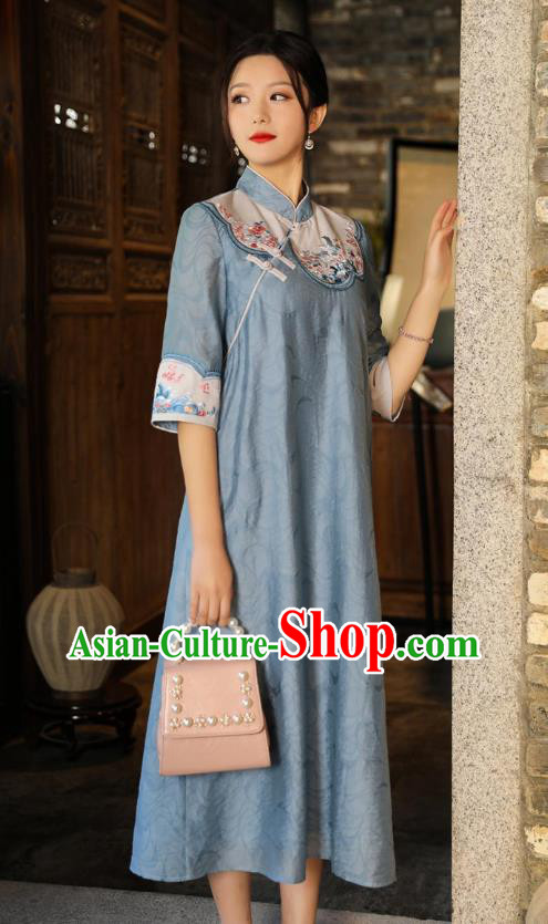 Chinese National Qipao Dress Clothing Traditional Embroidered Blue Cheongsam