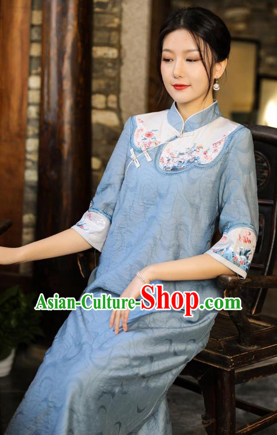 Chinese National Qipao Dress Clothing Traditional Embroidered Blue Cheongsam