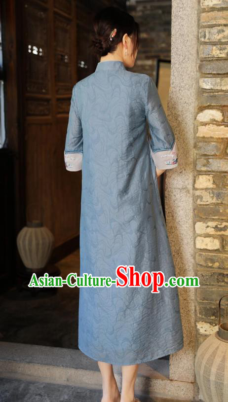 Chinese National Qipao Dress Clothing Traditional Embroidered Blue Cheongsam
