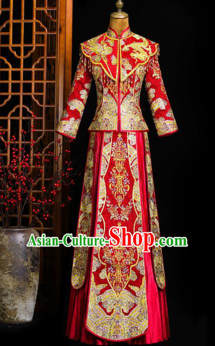 Chinese Classical Bride Toast Costumes Traditional Xiuhe Suit Drilling Red Outfits Wedding Embroidered Clothing