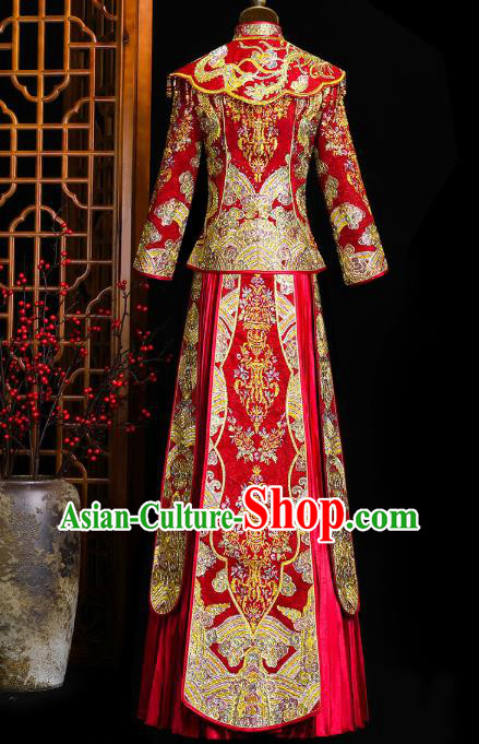 Chinese Classical Bride Toast Costumes Traditional Xiuhe Suit Drilling Red Outfits Wedding Embroidered Clothing