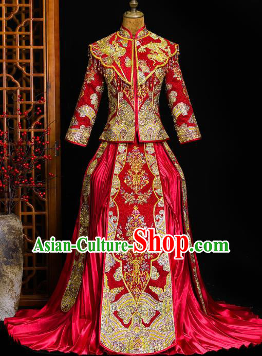 Chinese Classical Bride Toast Costumes Traditional Xiuhe Suit Drilling Red Outfits Wedding Embroidered Clothing