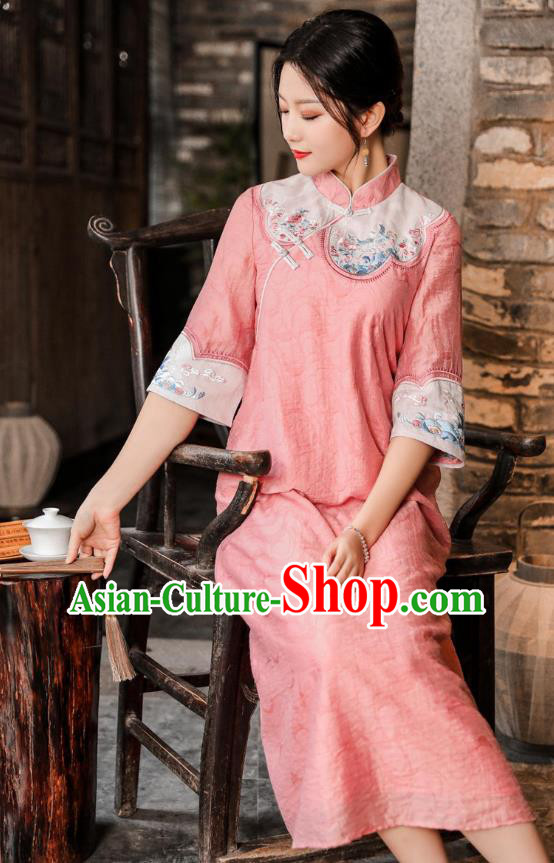 Chinese National Women Clothing Qipao Dress Traditional Embroidered Pink Cheongsam