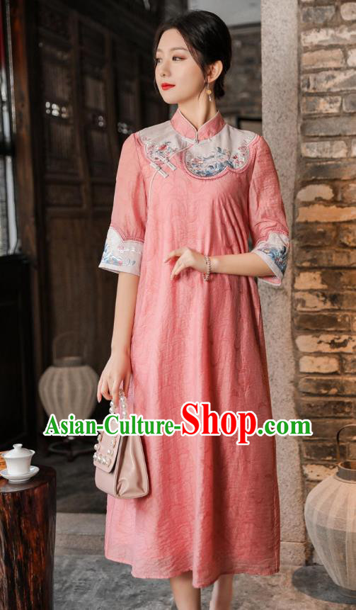 Chinese National Women Clothing Qipao Dress Traditional Embroidered Pink Cheongsam