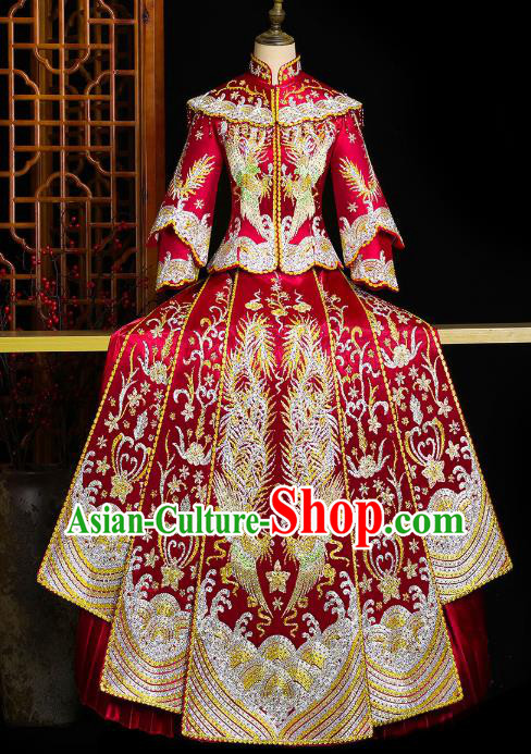 Chinese Wedding Embroidered Red Clothing Classical Bride Toast Costumes Traditional Xiuhe Suit Drilling Phoenix Outfits