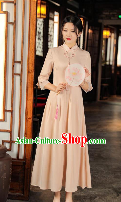 Chinese Apricot Qipao Dress Traditional Embroidered Cheongsam National Women Zen Clothing