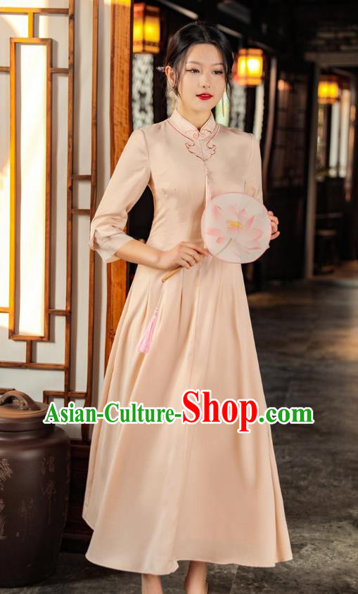 Chinese Apricot Qipao Dress Traditional Embroidered Cheongsam National Women Zen Clothing