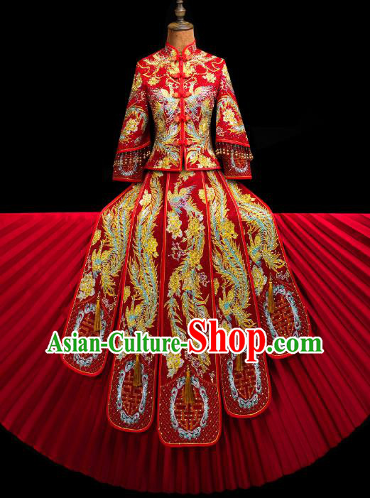 Chinese Traditional Xiuhe Suit Drilling Golden Phoenix Outfits Wedding Clothing Classical Bride Toast Embroidered Costumes