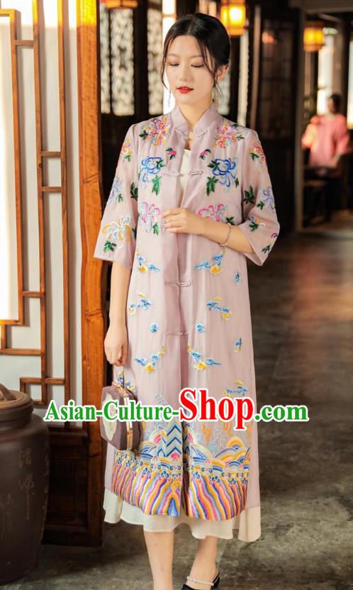 China Woman Embroidered Pink Dust Coat Traditional Tang Suit Outer Garment