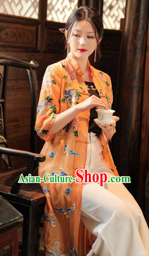 China Traditional Tang Suit Outer Garment Woman Embroidered Orange Dust Coat