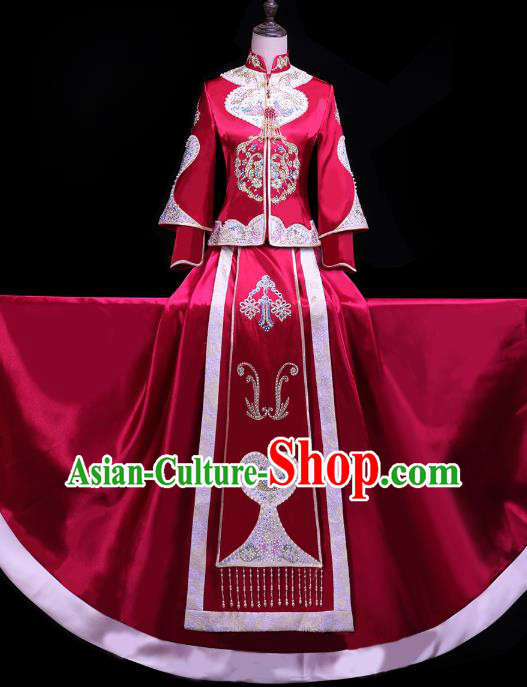 Chinese Bride Toast Embroidered Costumes Traditional Wine Red Xiuhe Suit Wedding Outfits Clothing