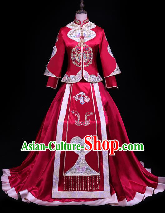 Chinese Bride Toast Embroidered Costumes Traditional Wine Red Xiuhe Suit Wedding Outfits Clothing