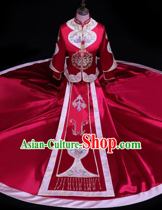 Chinese Bride Toast Embroidered Costumes Traditional Wine Red Xiuhe Suit Wedding Outfits Clothing