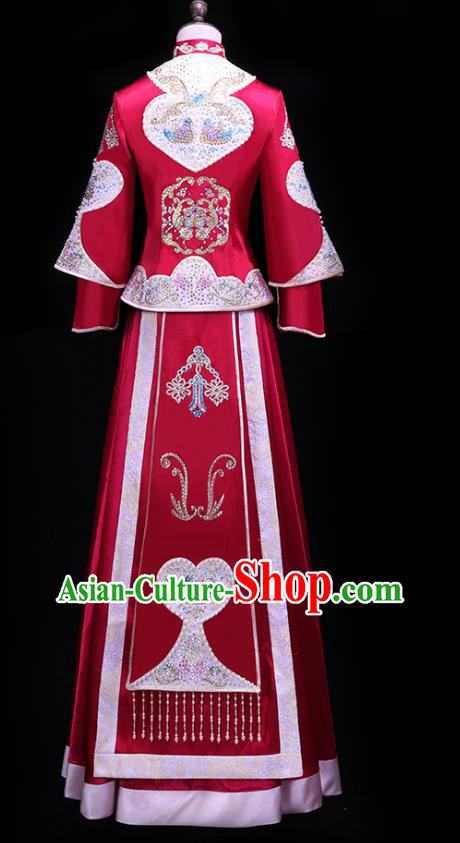 Chinese Bride Toast Embroidered Costumes Traditional Wine Red Xiuhe Suit Wedding Outfits Clothing