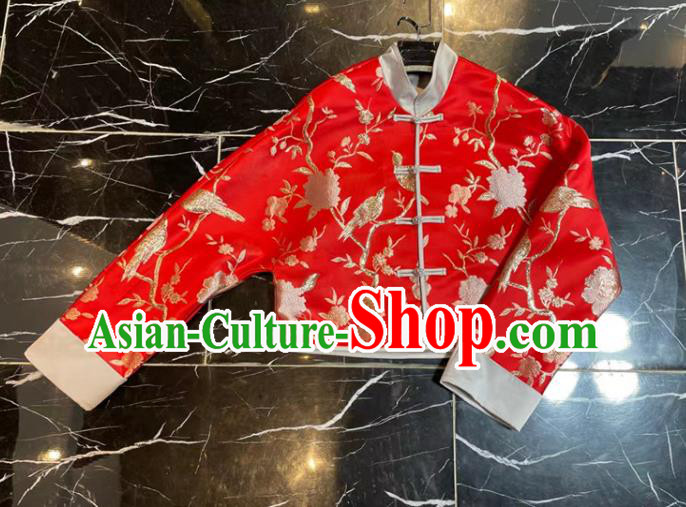 China Traditional Tang Suit Overcoat Woman Embroidered Red Brocade Jacket