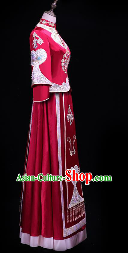 Chinese Bride Toast Embroidered Costumes Traditional Wine Red Xiuhe Suit Wedding Outfits Clothing