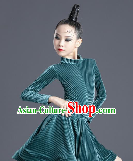 Children Latin Dance Dress Professional Modern Dance Competition Costume Ballroom Dance Green Clothing