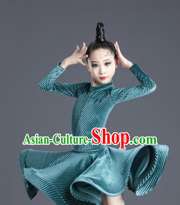 Children Latin Dance Dress Professional Modern Dance Competition Costume Ballroom Dance Green Clothing