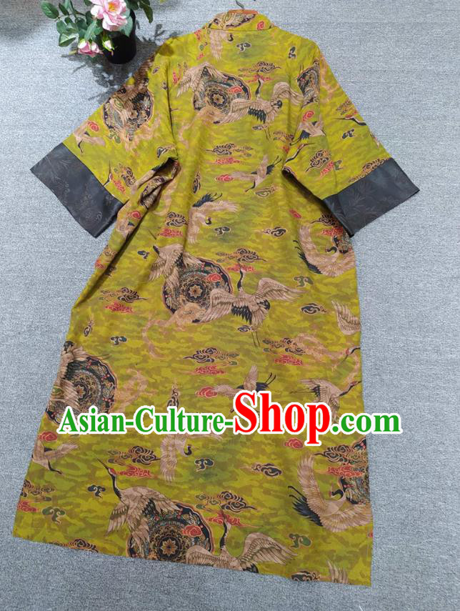 Chinese Traditional Printing Cranes Green Silk Cheongsam National Women Clothing Classical Qipao Dress