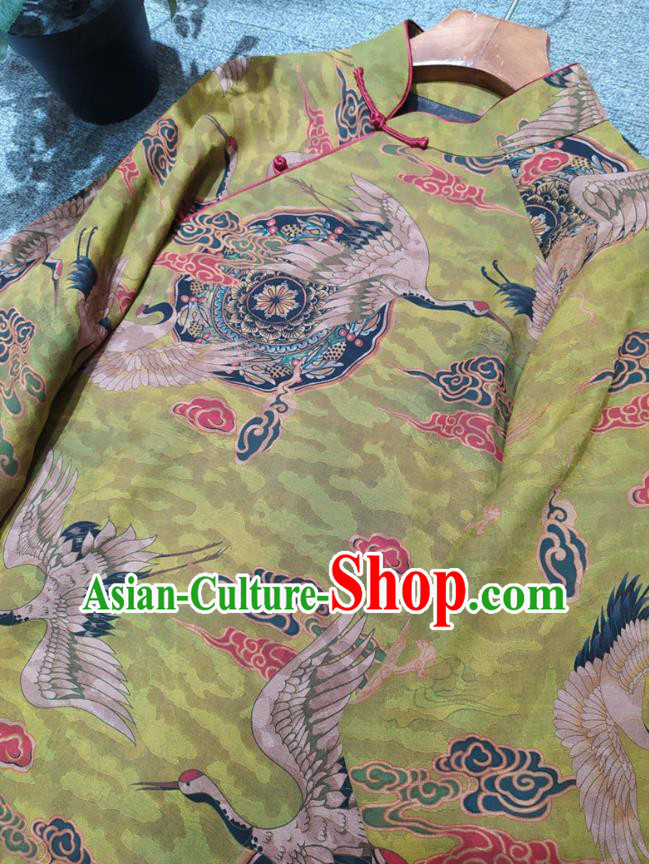 Chinese Traditional Printing Cranes Green Silk Cheongsam National Women Clothing Classical Qipao Dress