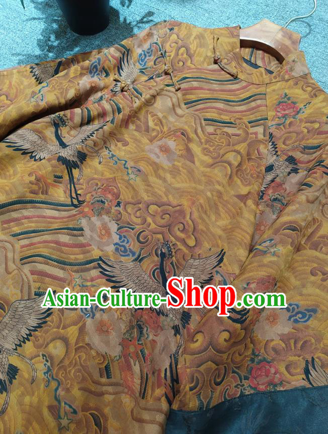 Chinese Classical Ginger Silk Qipao Dress Traditional Printing Wave Cranes Cheongsam National Women Clothing