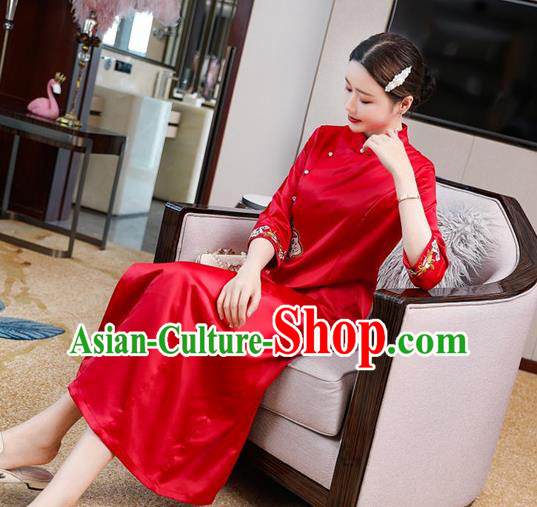 Chinese Classical Embroidered Red Silk Qipao Dress Traditional Cheongsam National Women Zen Clothing