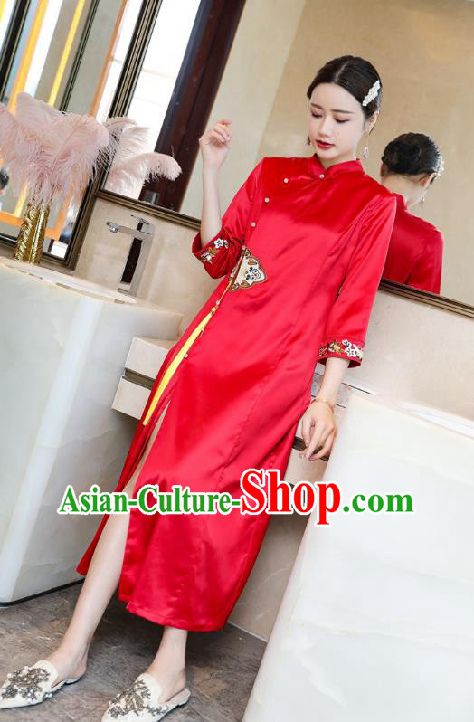 Chinese Classical Embroidered Red Silk Qipao Dress Traditional Cheongsam National Women Zen Clothing