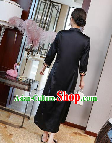 Chinese National Women Zen Clothing Classical Embroidered Navy Silk Qipao Dress Traditional Cheongsam