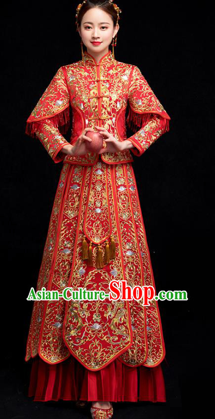 Chinese Ancient Bride Embroidery Costumes Traditional Xiuhe Suit Wedding Toast Clothing Red Tassel Outfits