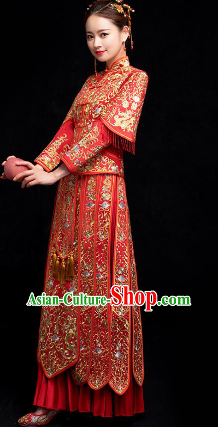 Chinese Ancient Bride Embroidery Costumes Traditional Xiuhe Suit Wedding Toast Clothing Red Tassel Outfits