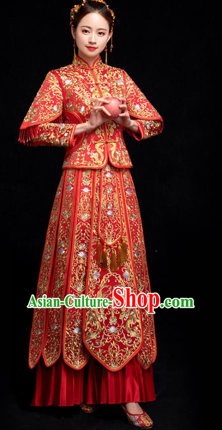 Chinese Ancient Bride Embroidery Costumes Traditional Xiuhe Suit Wedding Toast Clothing Red Tassel Outfits