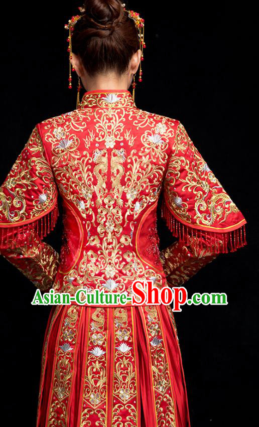 Chinese Ancient Bride Embroidery Costumes Traditional Xiuhe Suit Wedding Toast Clothing Red Tassel Outfits