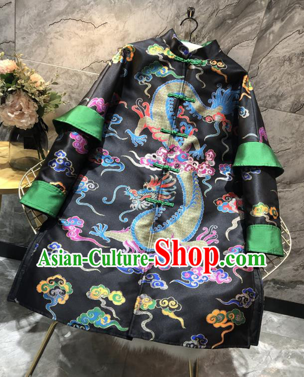China Woman Classical Dragon Pattern Black Brocade Cotton Padded Jacket Traditional Tang Suit Outer Garment