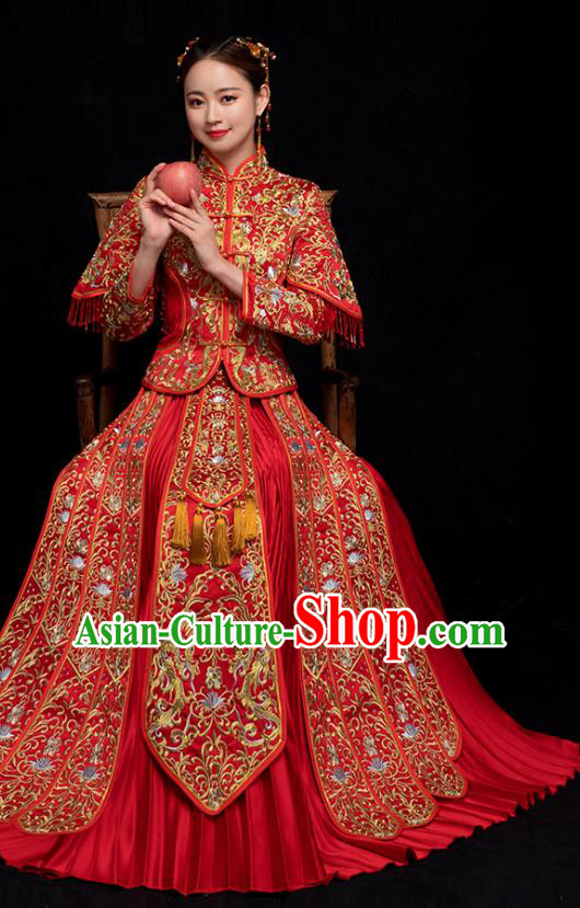 Chinese Ancient Bride Embroidery Costumes Traditional Xiuhe Suit Wedding Toast Clothing Red Tassel Outfits