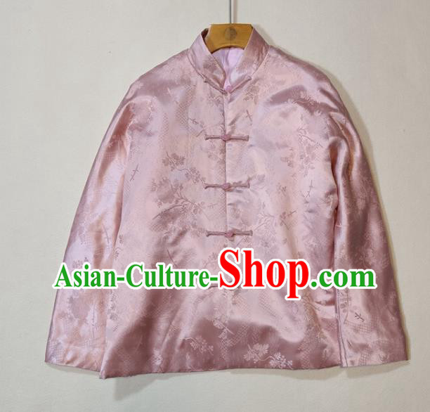 China Traditional Tang Suit Outer Garment Woman Classical Plum Blossom Pattern Pink Silk Jacket