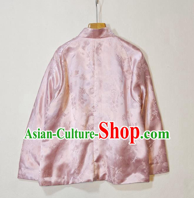 China Traditional Tang Suit Outer Garment Woman Classical Plum Blossom Pattern Pink Silk Jacket