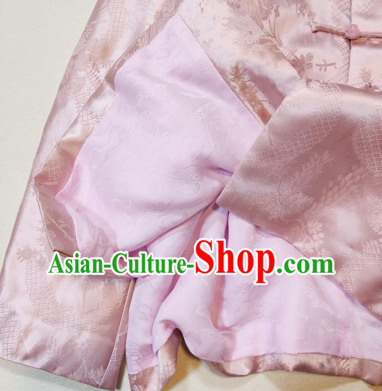 China Traditional Tang Suit Outer Garment Woman Classical Plum Blossom Pattern Pink Silk Jacket