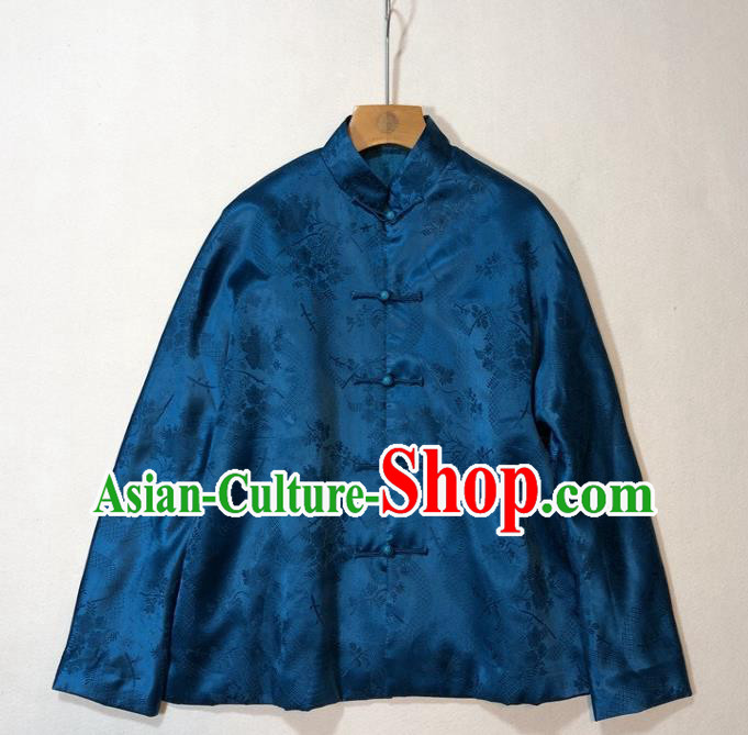 China Woman Classical Deep Blue Silk Jacket Traditional Tang Suit Outer Garment