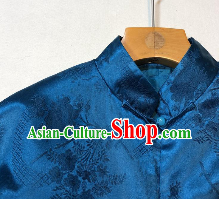 China Woman Classical Deep Blue Silk Jacket Traditional Tang Suit Outer Garment