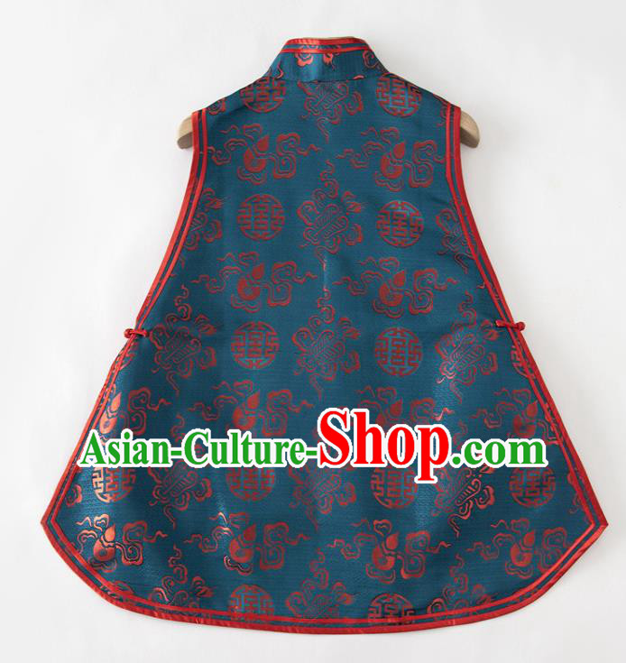 Chinese National Blue Brocade Vest Upper Outer Garment Tang Suit Waistcoat